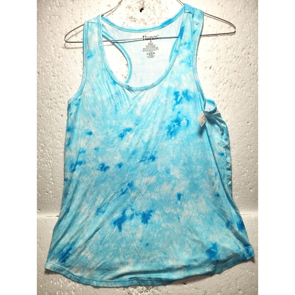 Hanes Top Women Small White Blue Tie Dye Workout Tank Sleeveless Rayon Spandex